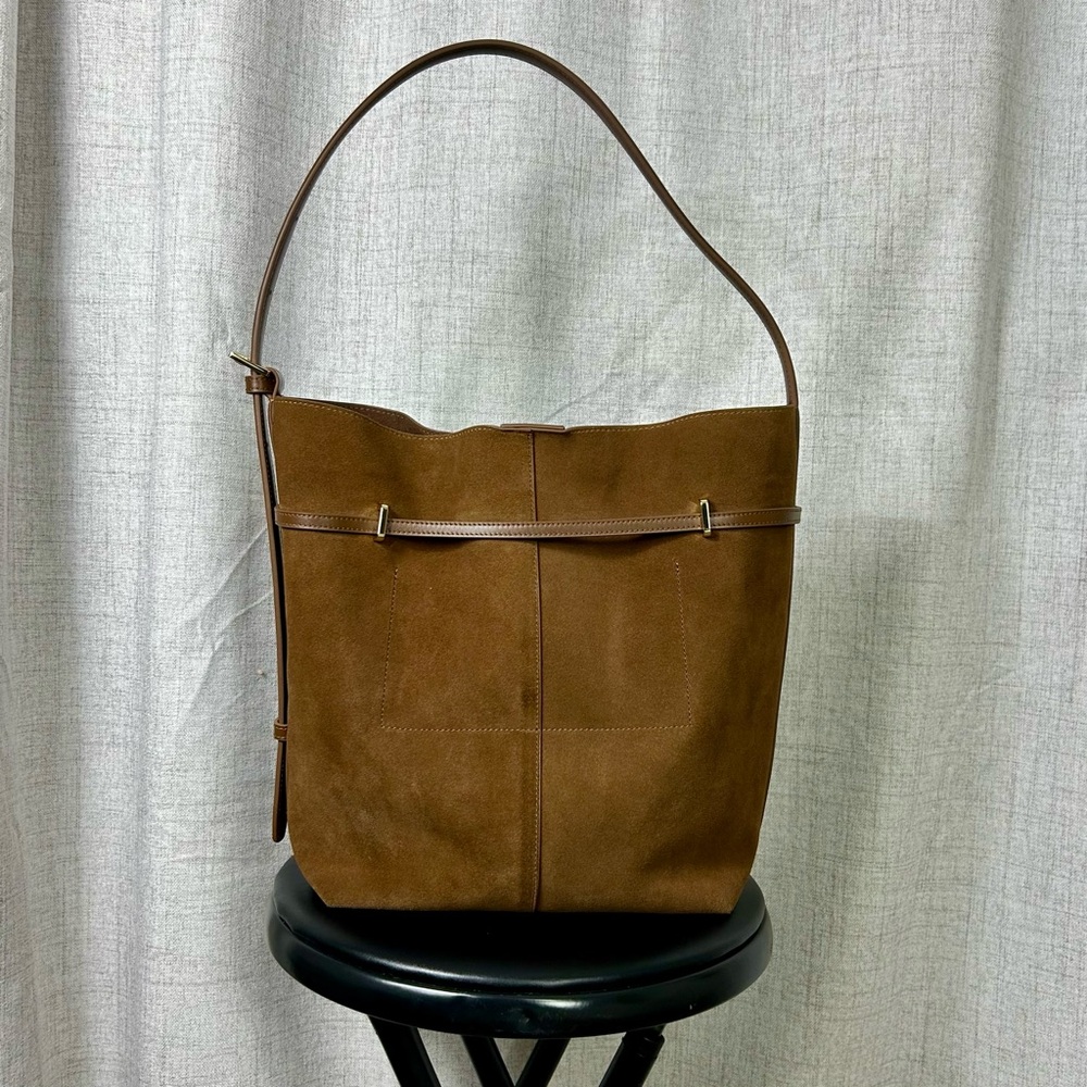 Verafied Toffee Genuine Suede Belted Tote Bag - Picture 3 of 14